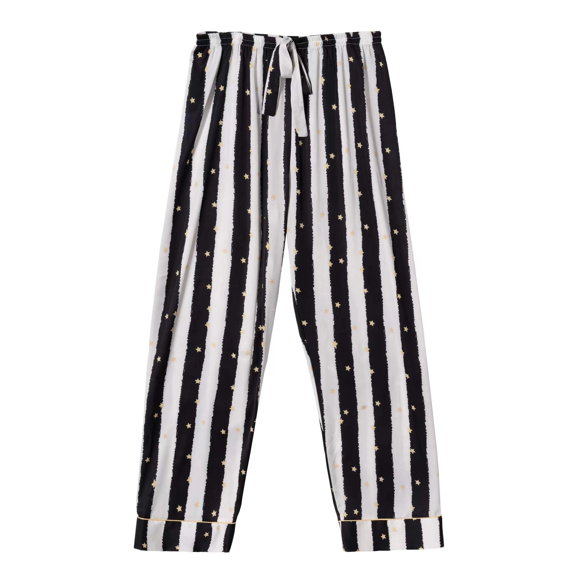 Black Stripe Golde Stars Print Silky Satin Pajamas Set