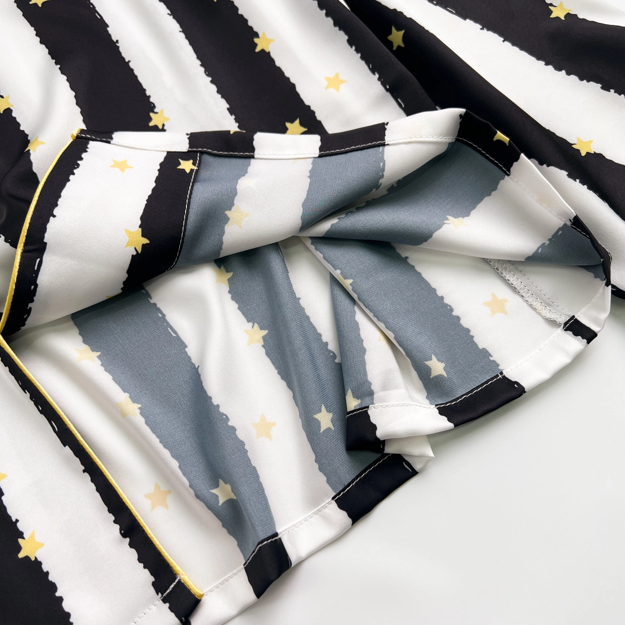 Black Stripe Golde Stars Print Silky Satin Pajamas Set