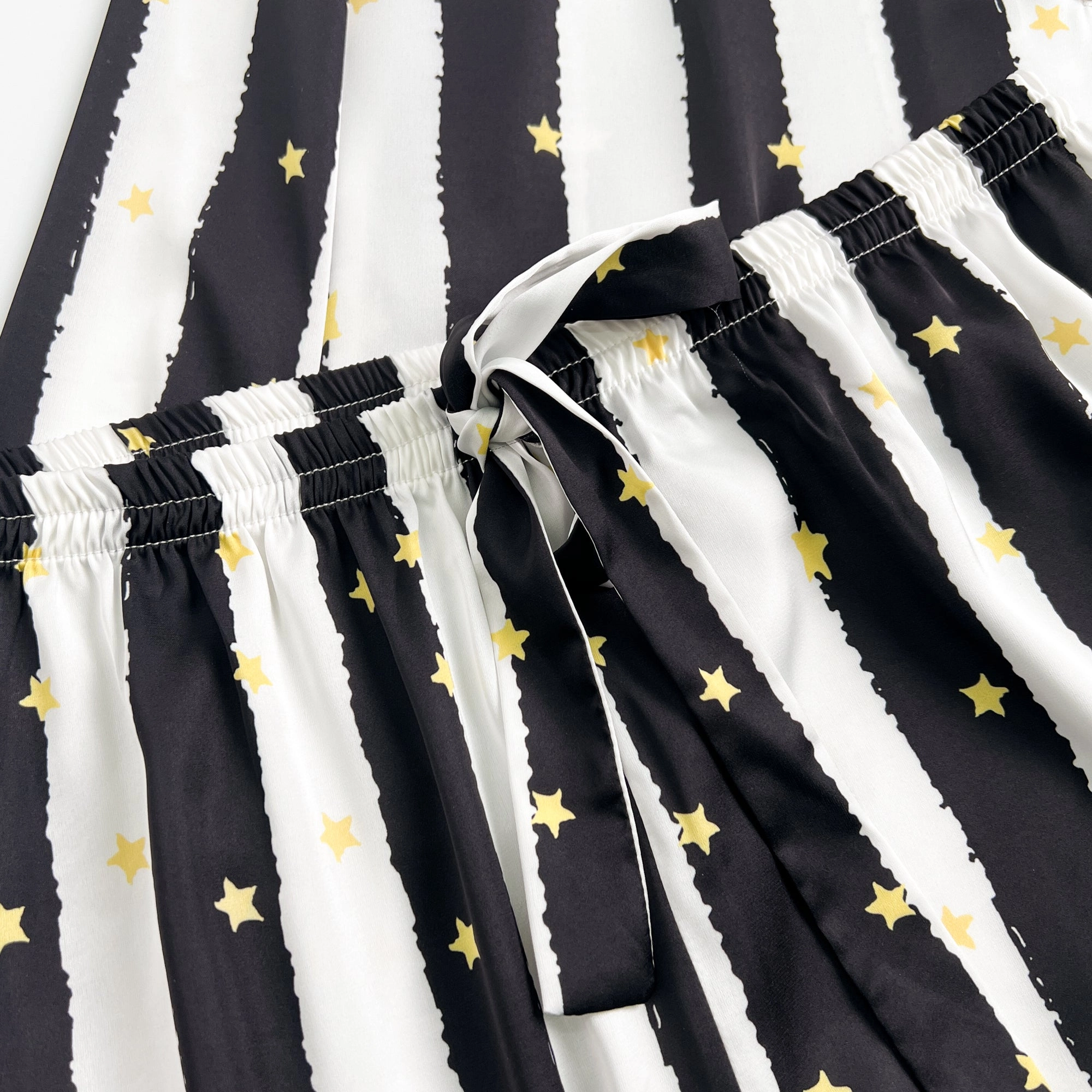 Black Stripe Golde Stars Print Silky Satin Pajamas Set