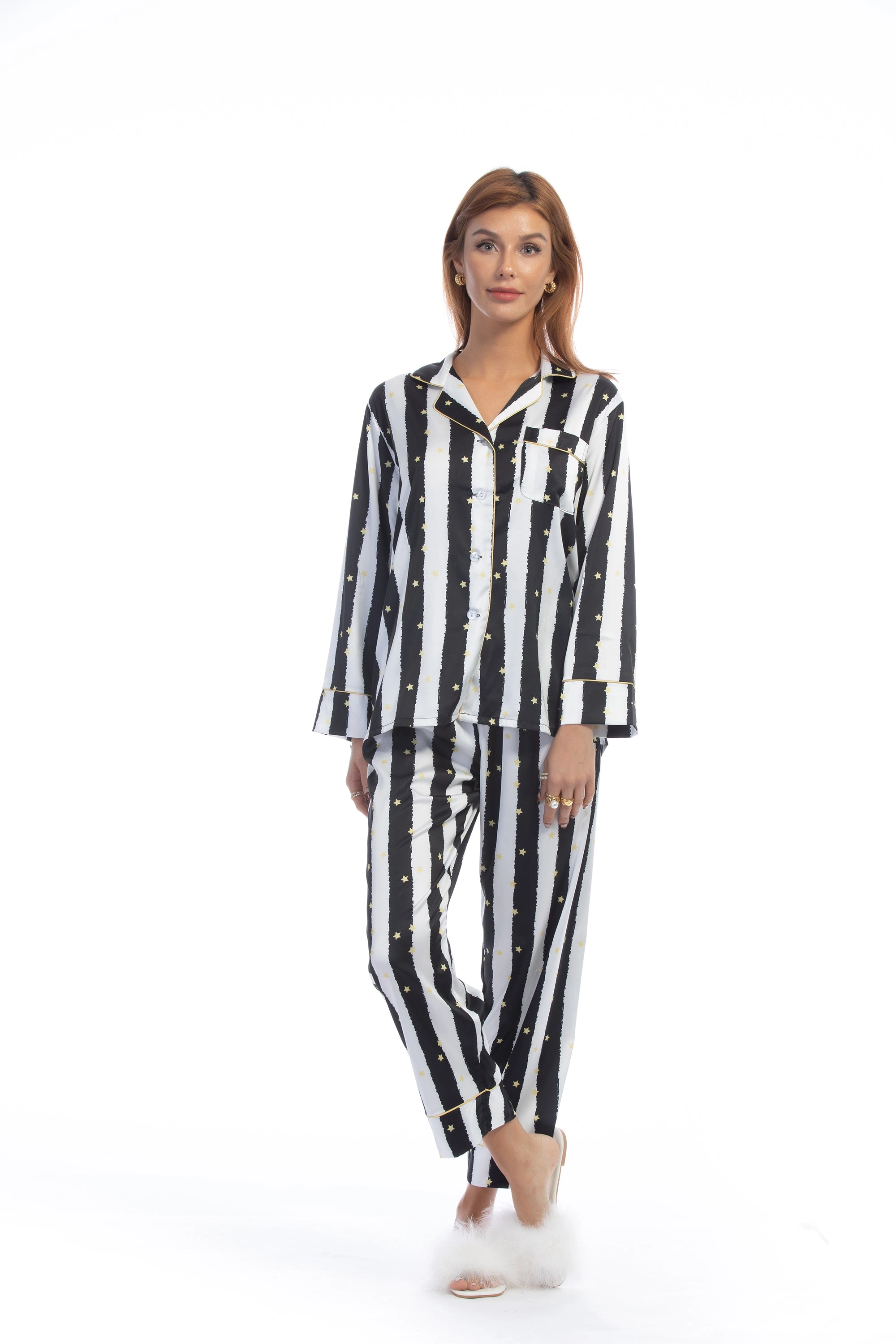 Black Stripe Golde Stars Print Silky Satin Pajamas Set