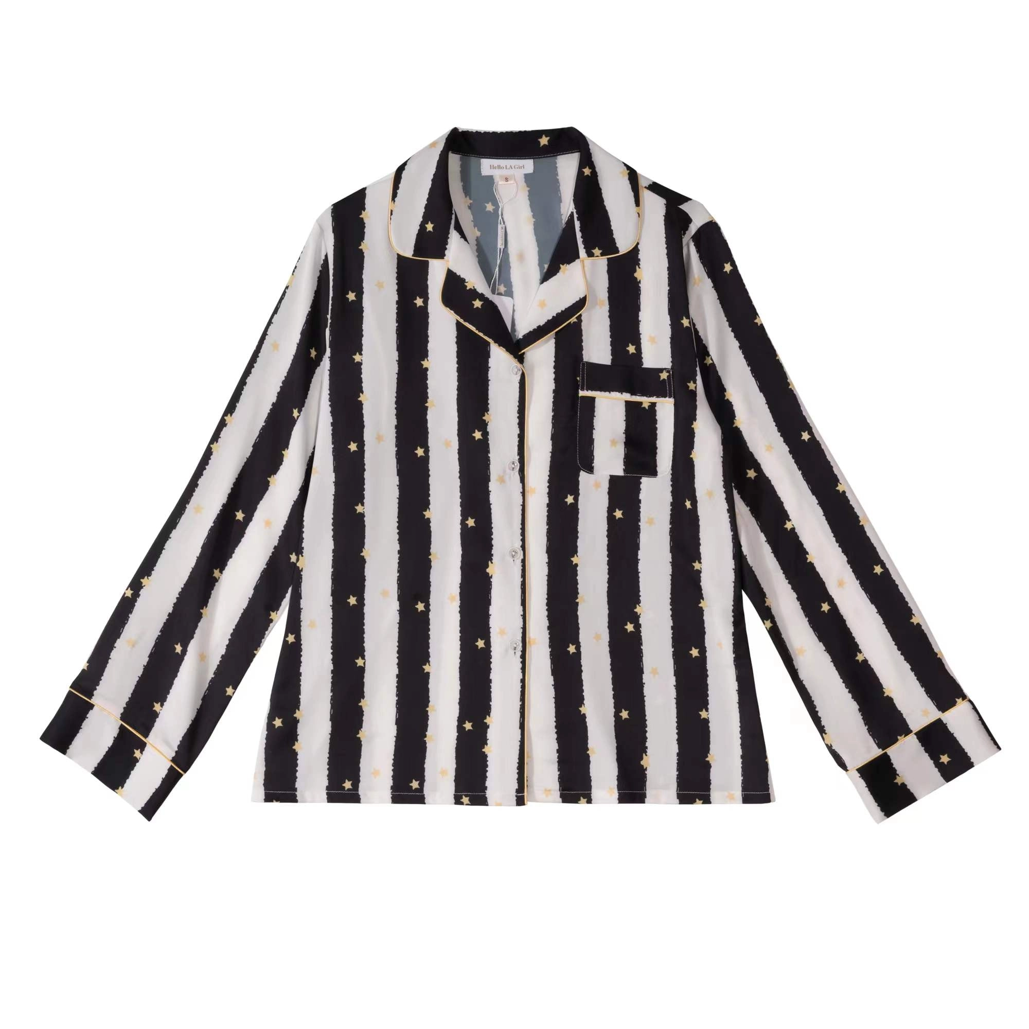 Black Stripe Golde Stars Print Silky Satin Pajamas Set