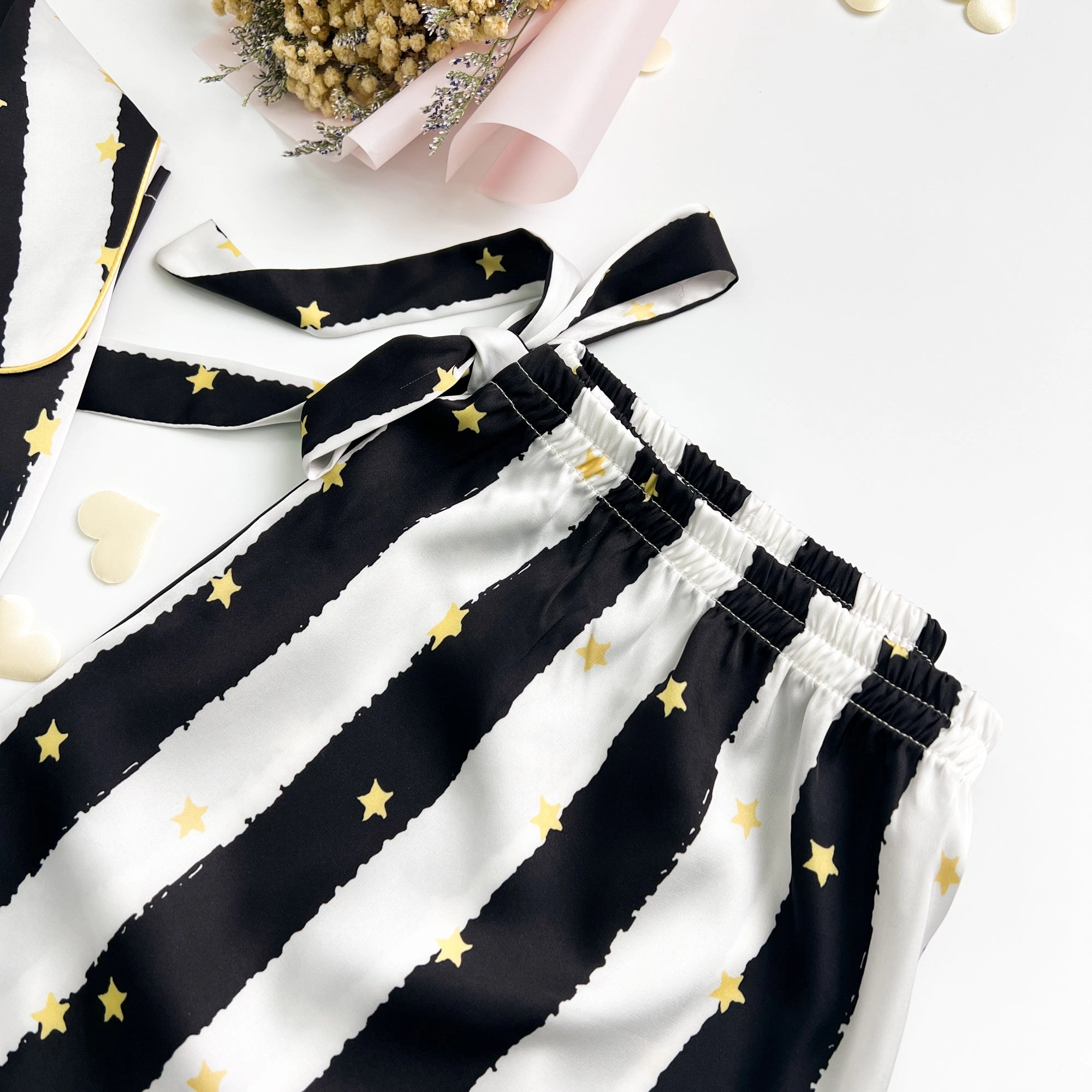 Black Stripe Golde Stars Print Silky Satin Pajamas Set