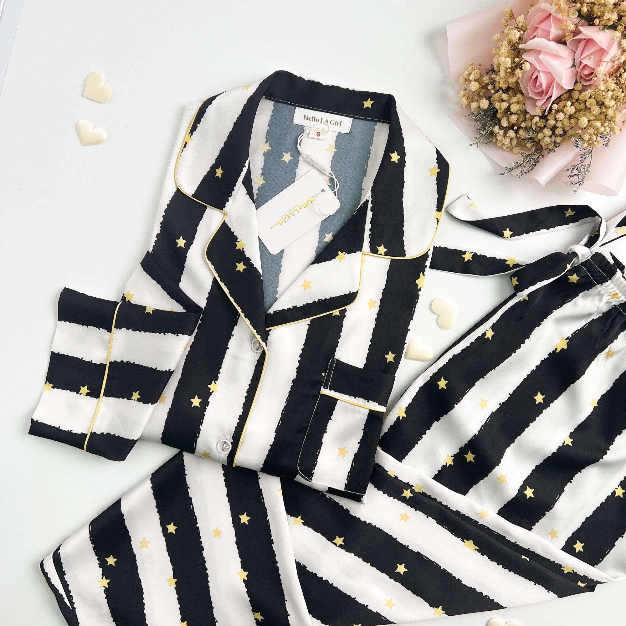 Black Stripe Golde Stars Print Silky Satin Pajamas Set