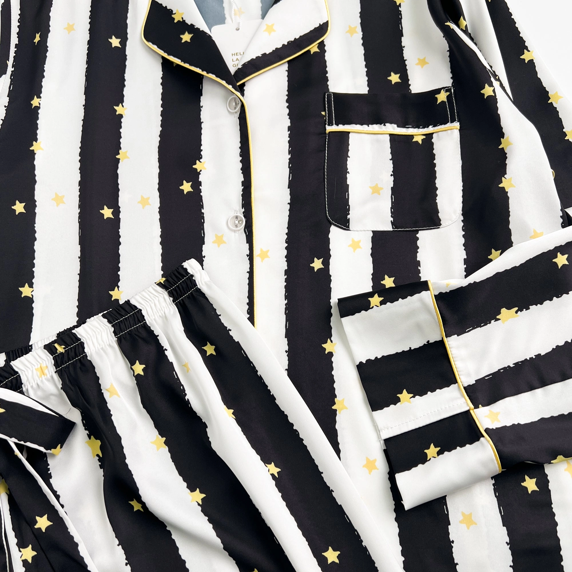 Black Stripe Golde Stars Print Silky Satin Pajamas Set