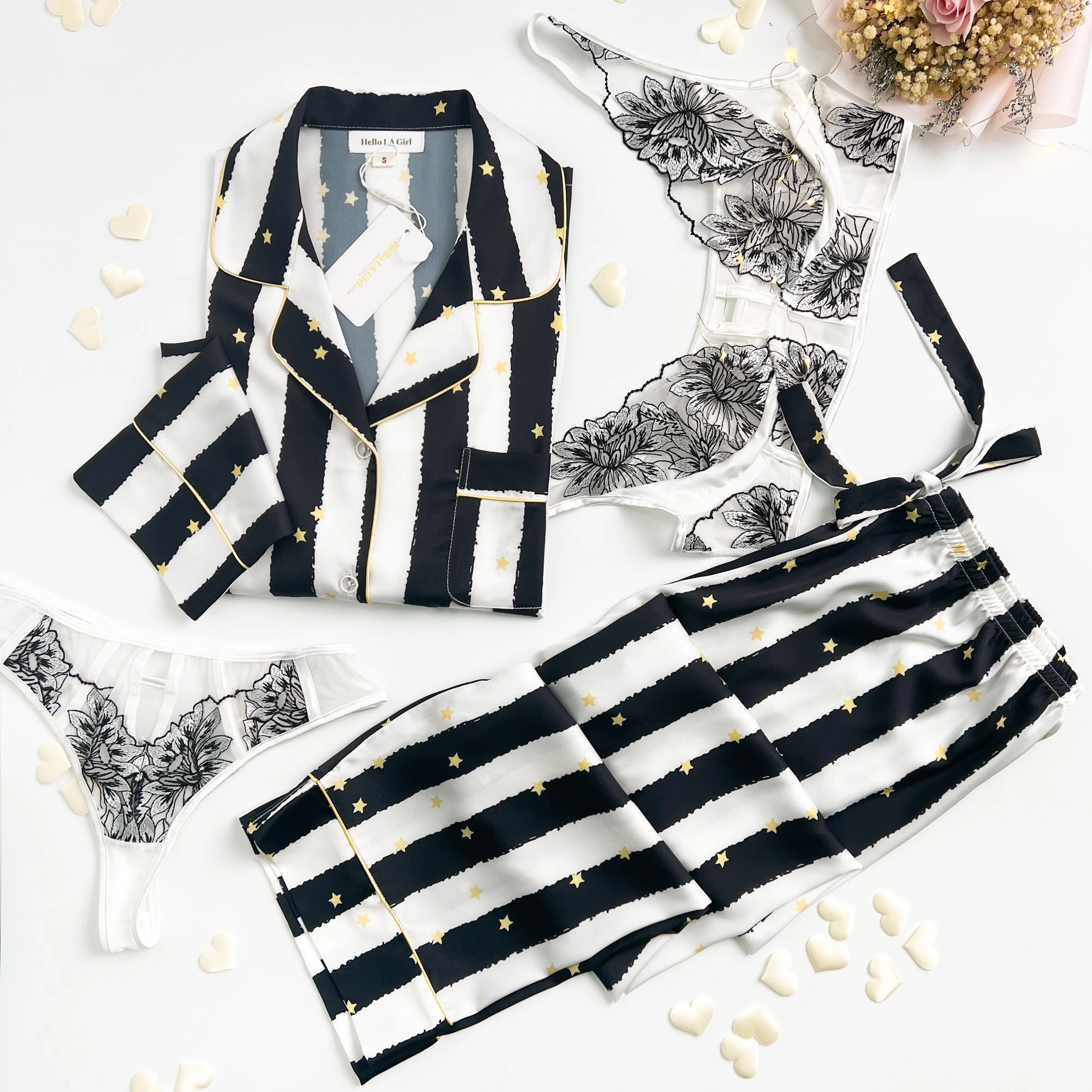 Black Stripe Golde Stars Print Silky Satin Pajamas Set