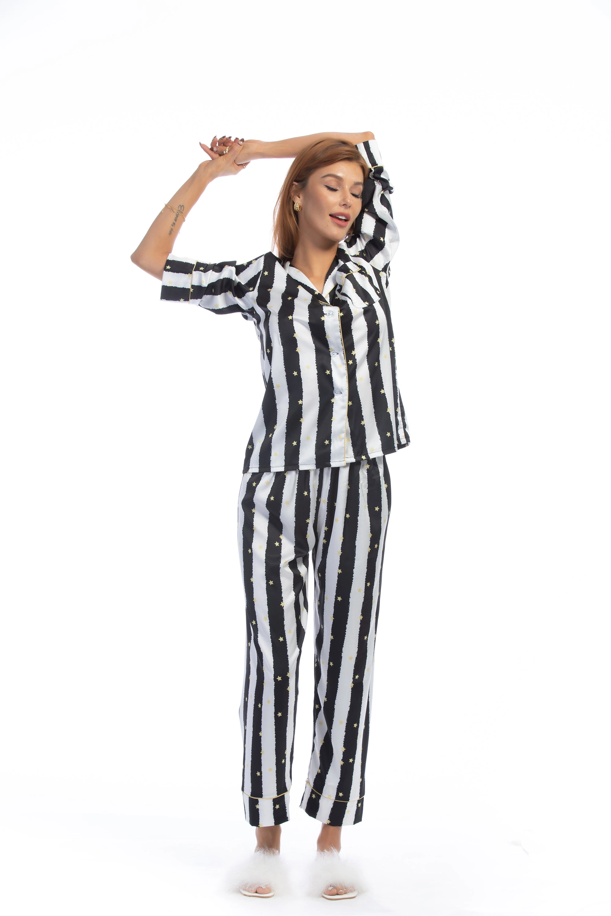 Black Stripe Golde Stars Print Silky Satin Pajamas Set