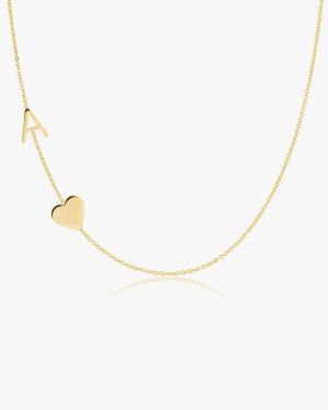 Letter Necklace with Heart Yellow Gold