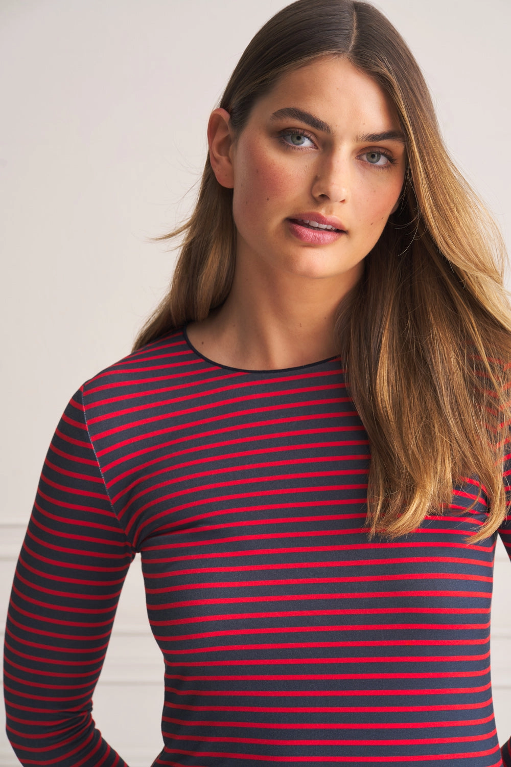 Long Sleeve Crew Neck Top - Red & Navy Stripe