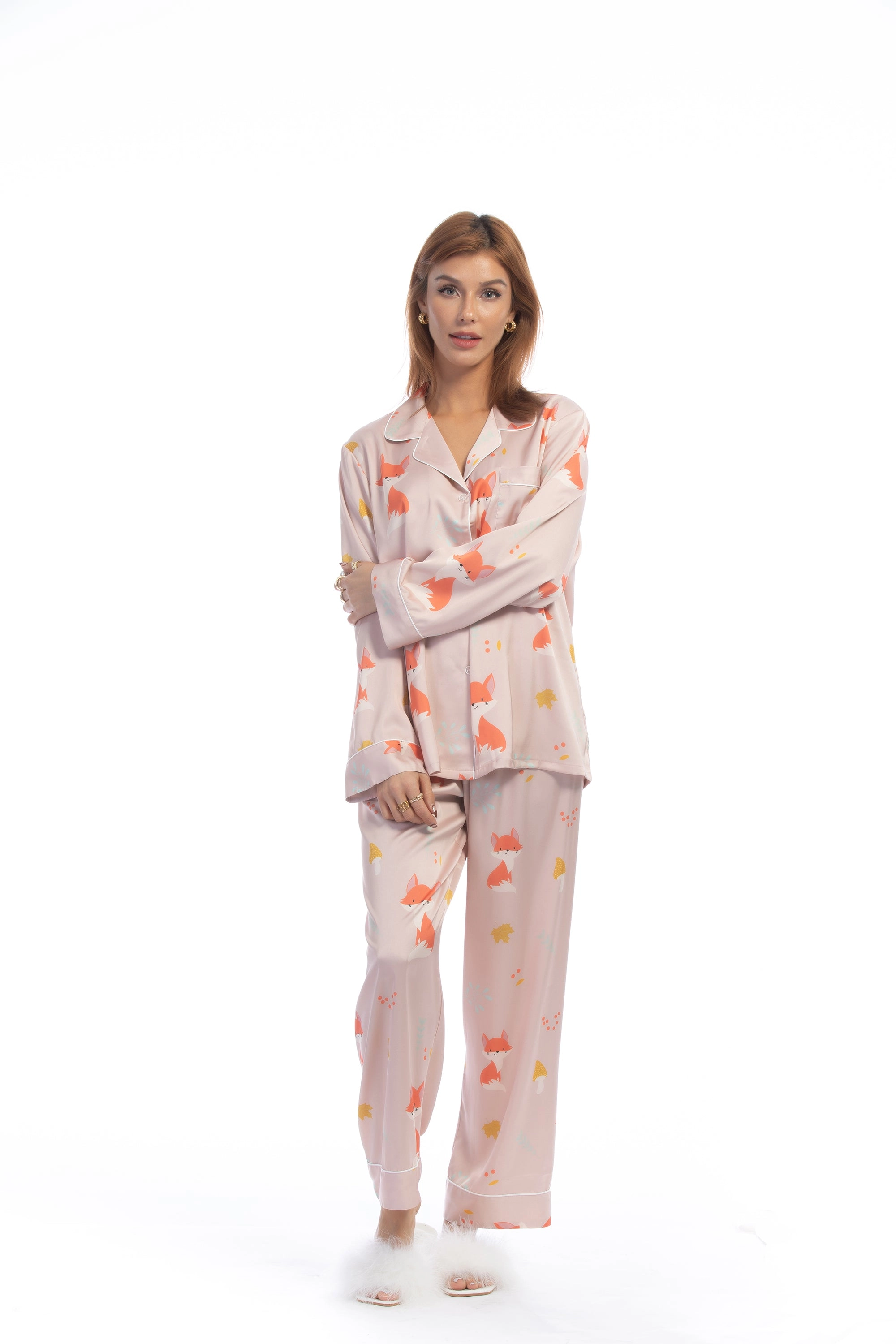 Pink Fox Print Silky Satin Pajamas Set