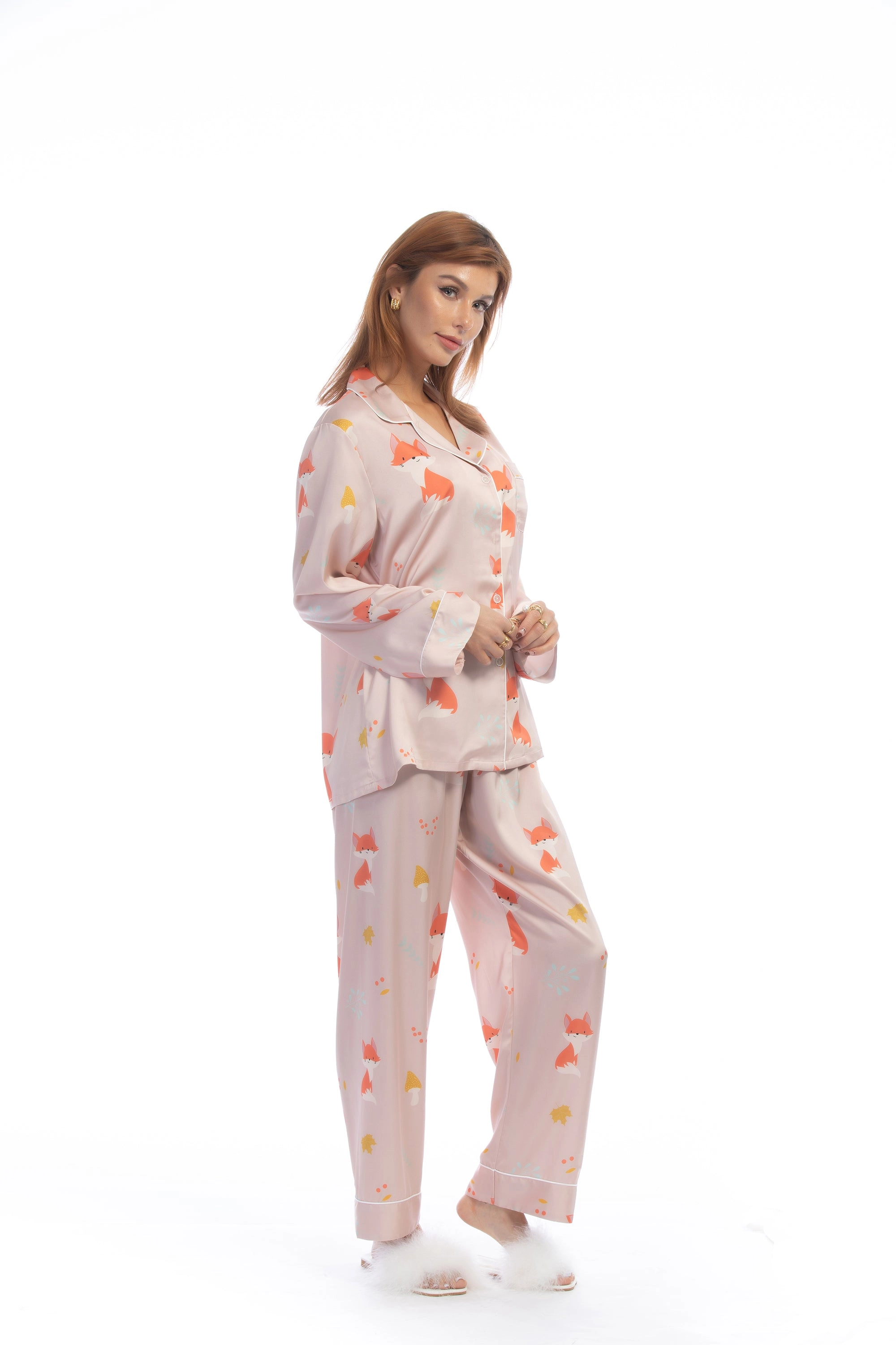 Pink Fox Print Silky Satin Pajamas Set