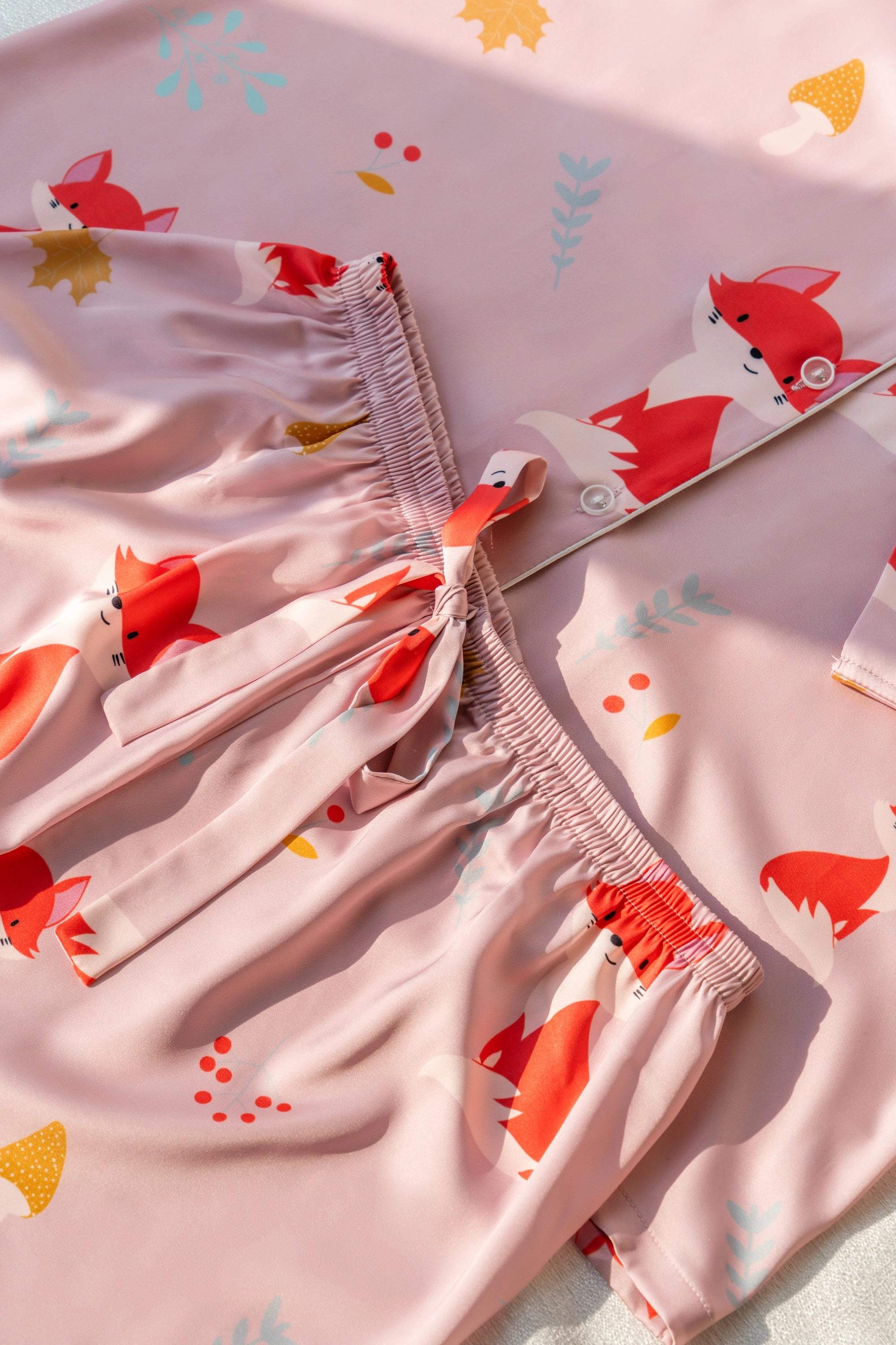 Pink Fox Print Silky Satin Pajamas Set