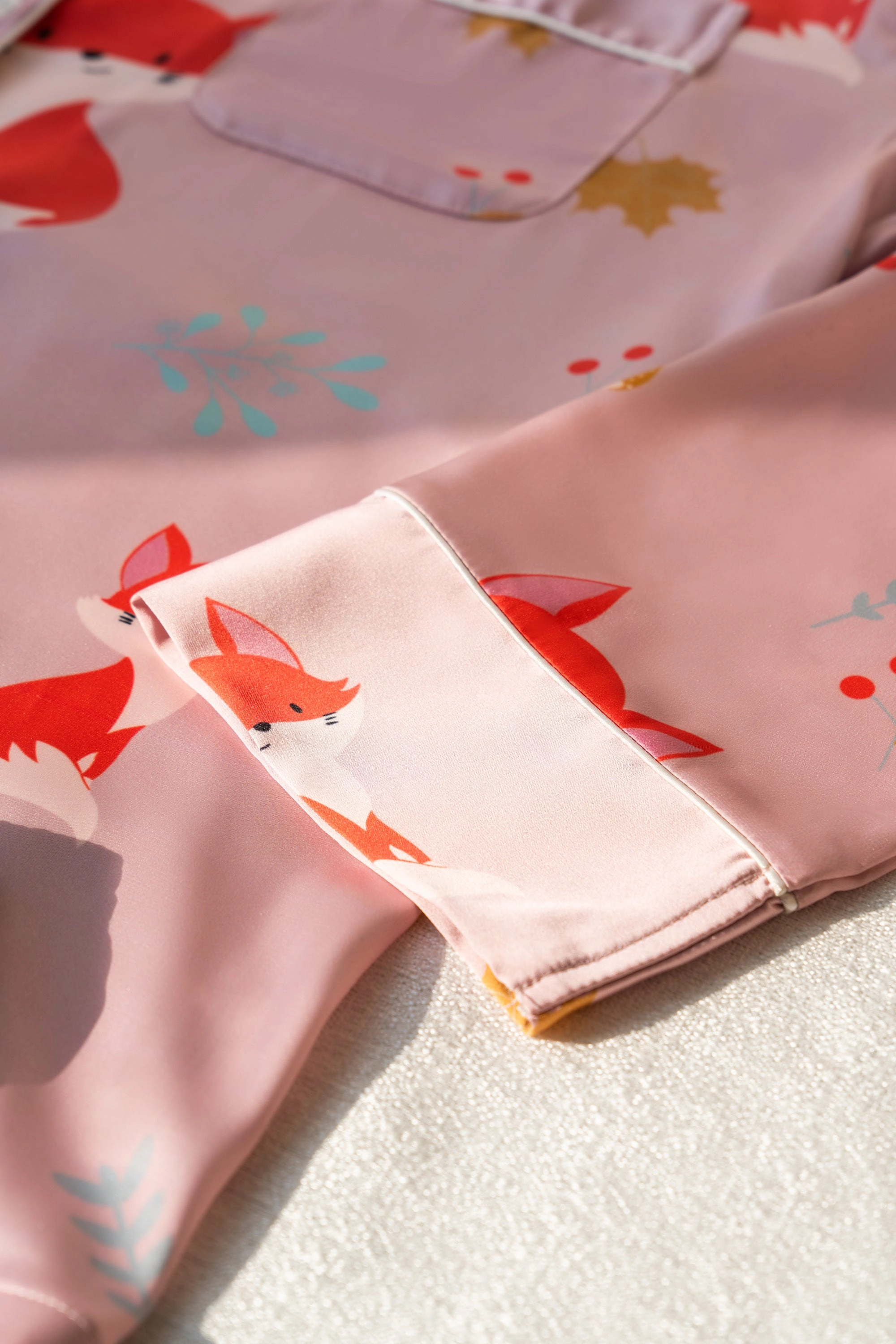 Pink Fox Print Silky Satin Pajamas Set