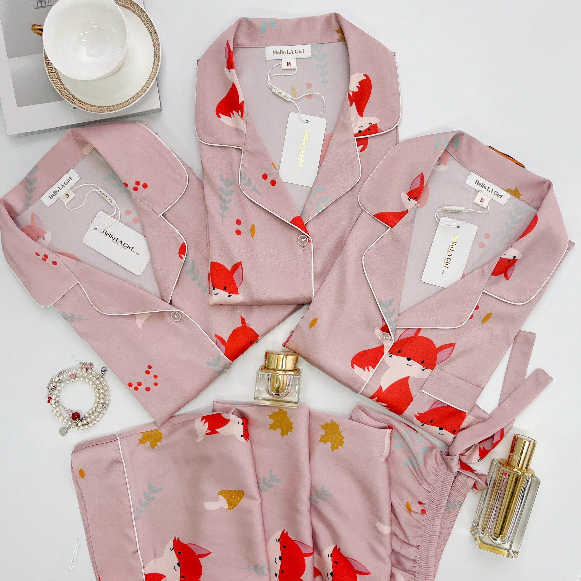 Pink Fox Print Silky Satin Pajamas Set