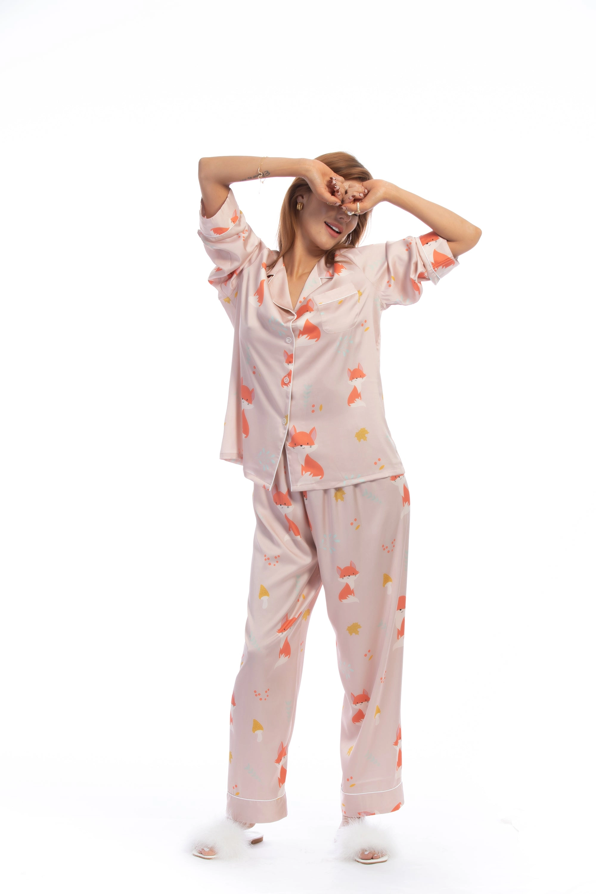 Pink Fox Print Silky Satin Pajamas Set