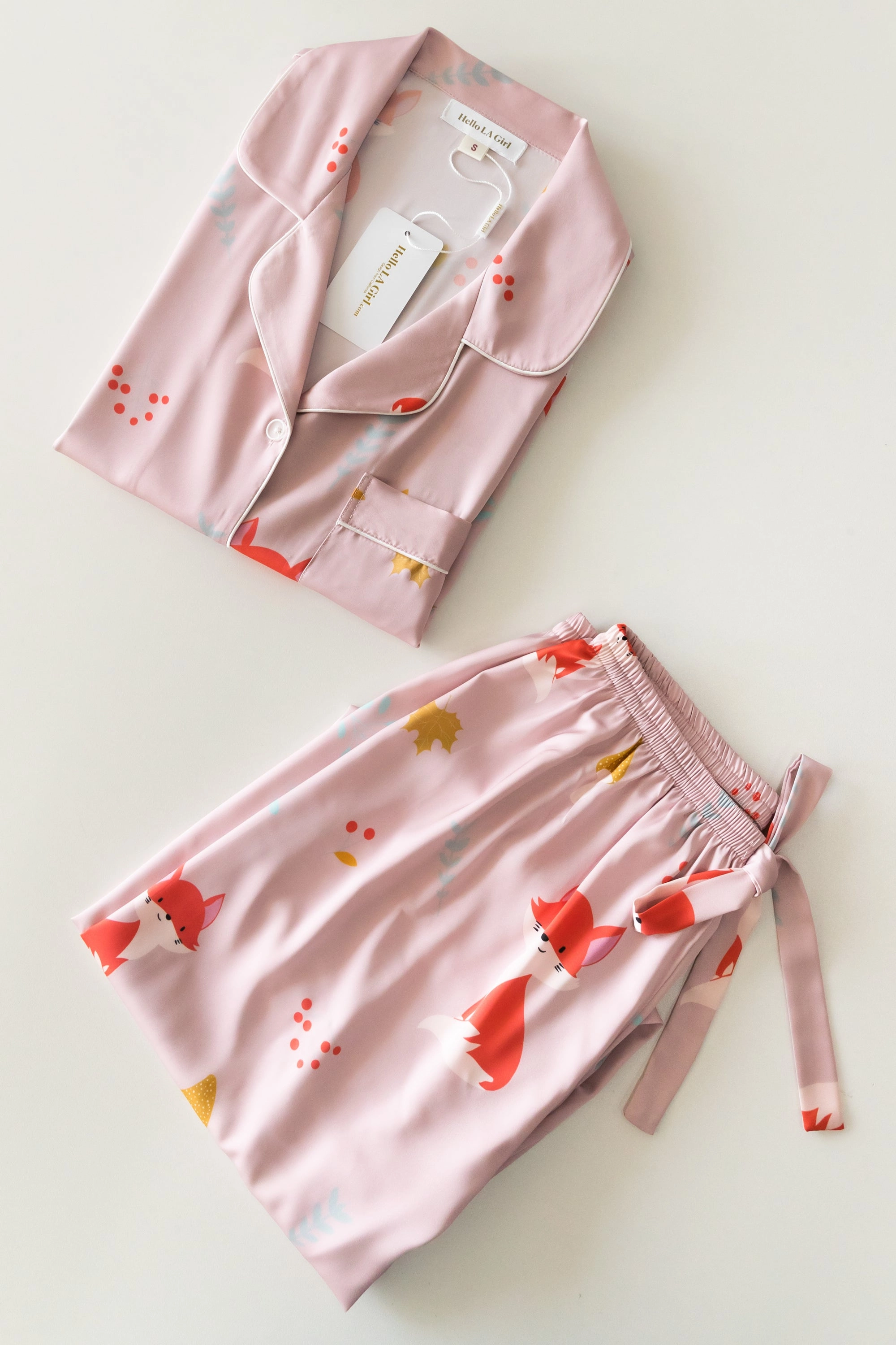 Pink Fox Print Silky Satin Pajamas Set