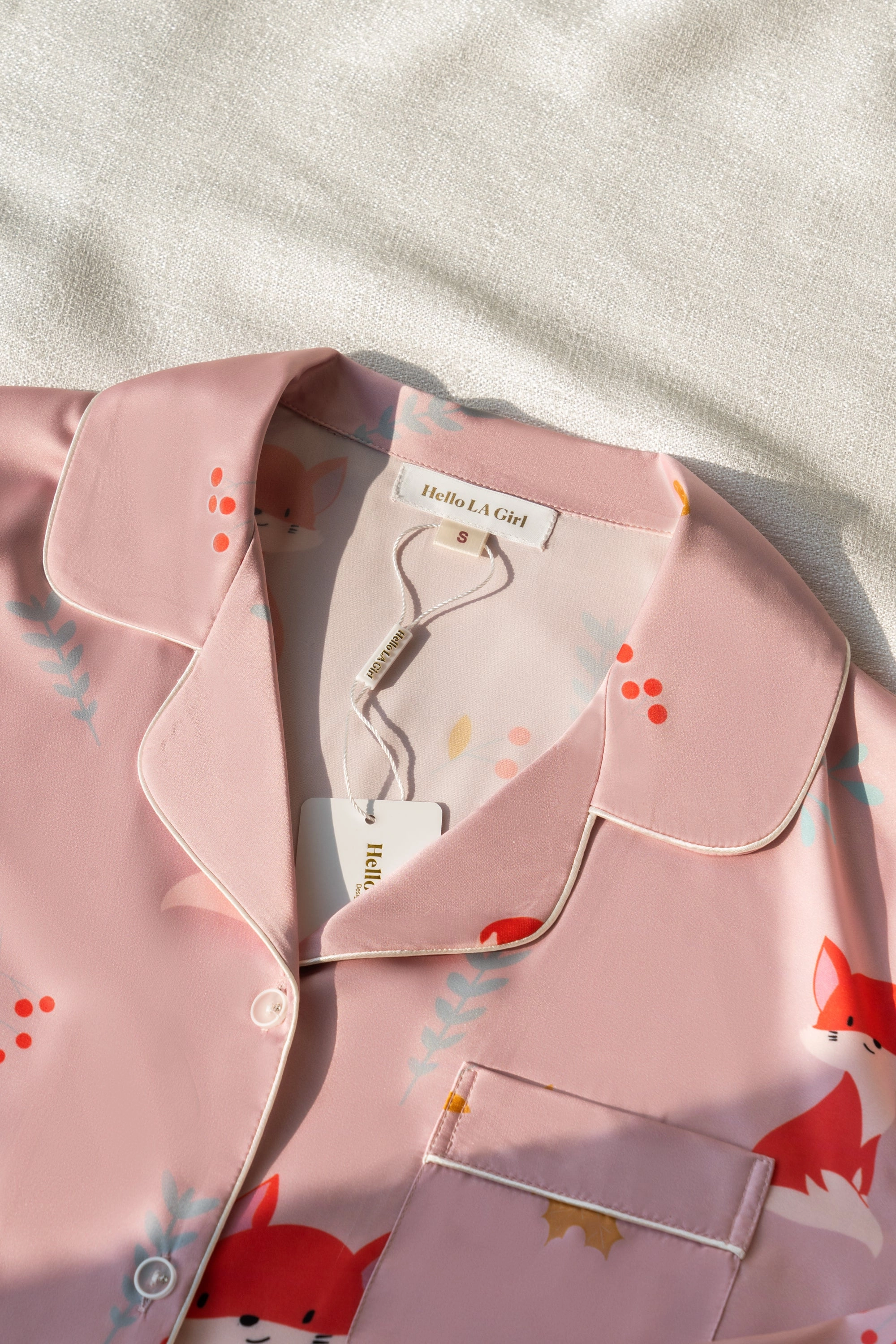 Pink Fox Print Silky Satin Pajamas Set