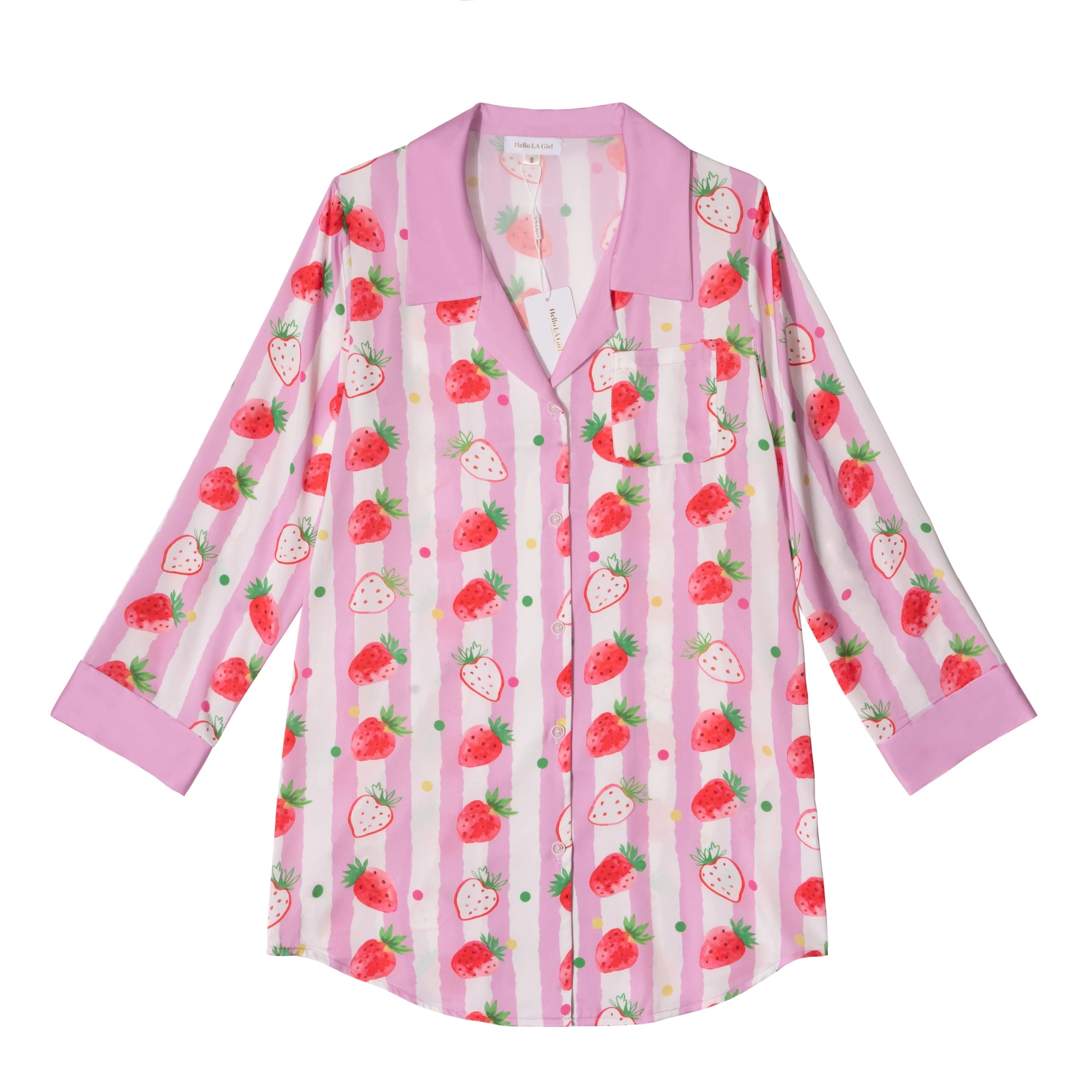 Strawberries Print Pink Stripes Sleep Shirt Silky Satin Pajamas Sleepshirt