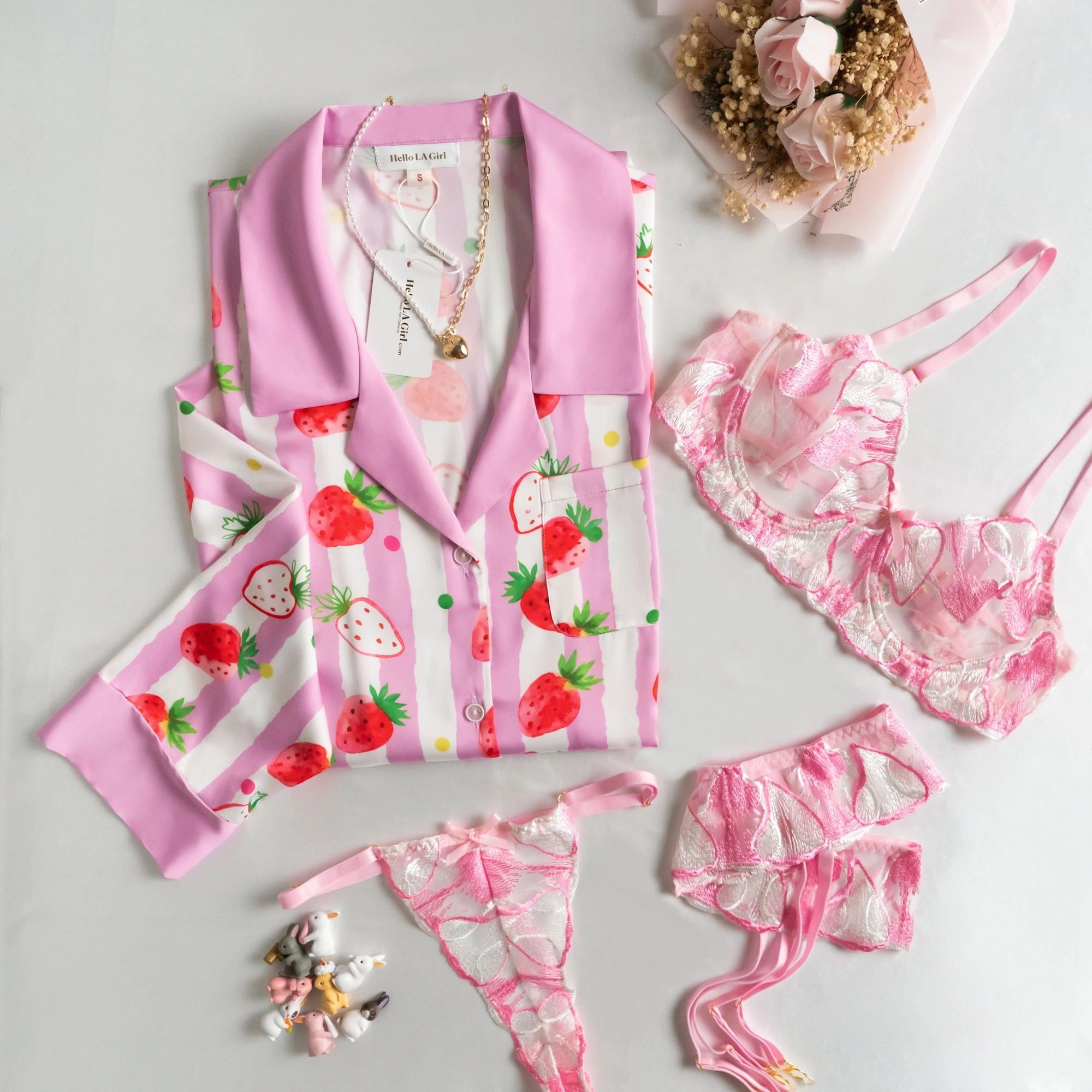 Strawberries Print Pink Stripes Sleep Shirt Silky Satin Pajamas Sleepshirt