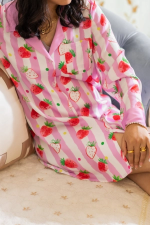 Strawberries Print Pink Stripes Sleep Shirt Silky Satin Pajamas Sleepshirt