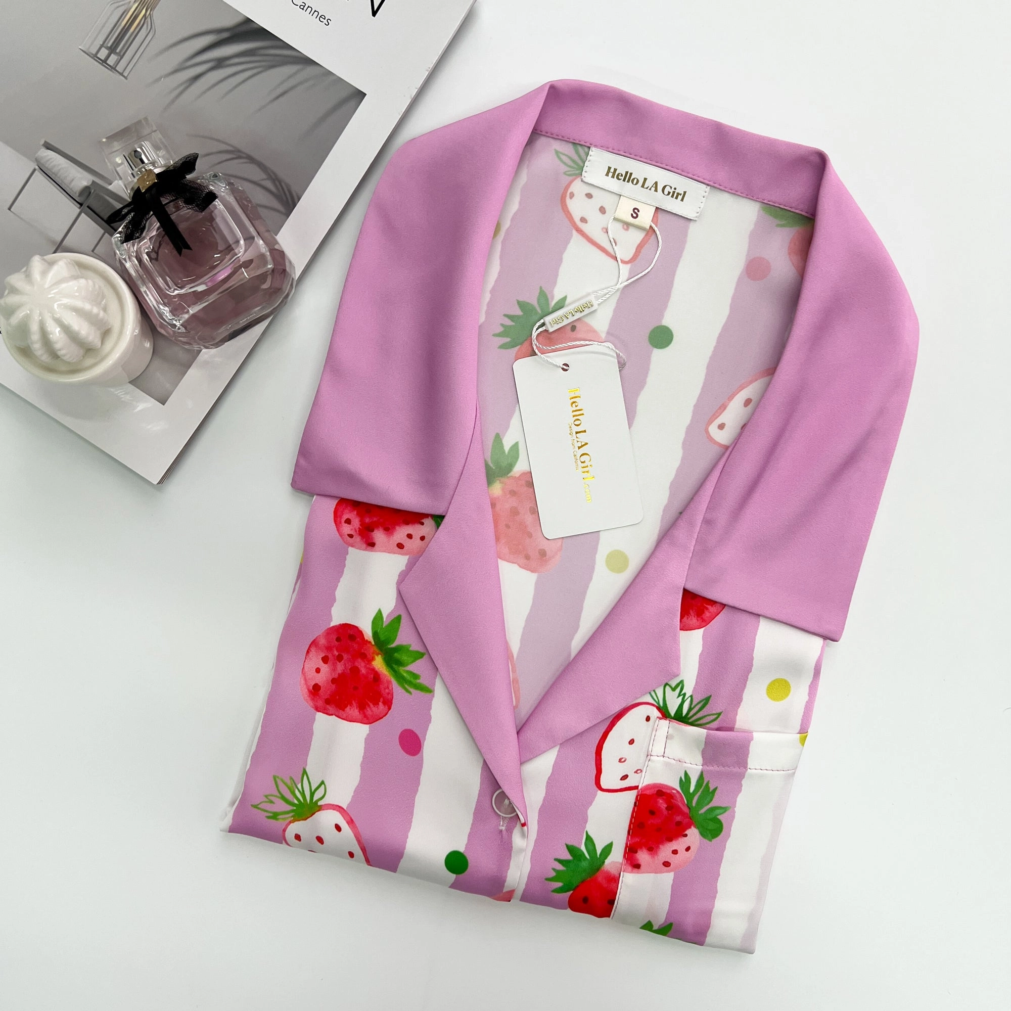Strawberries Print Pink Stripes Sleep Shirt Silky Satin Pajamas Sleepshirt