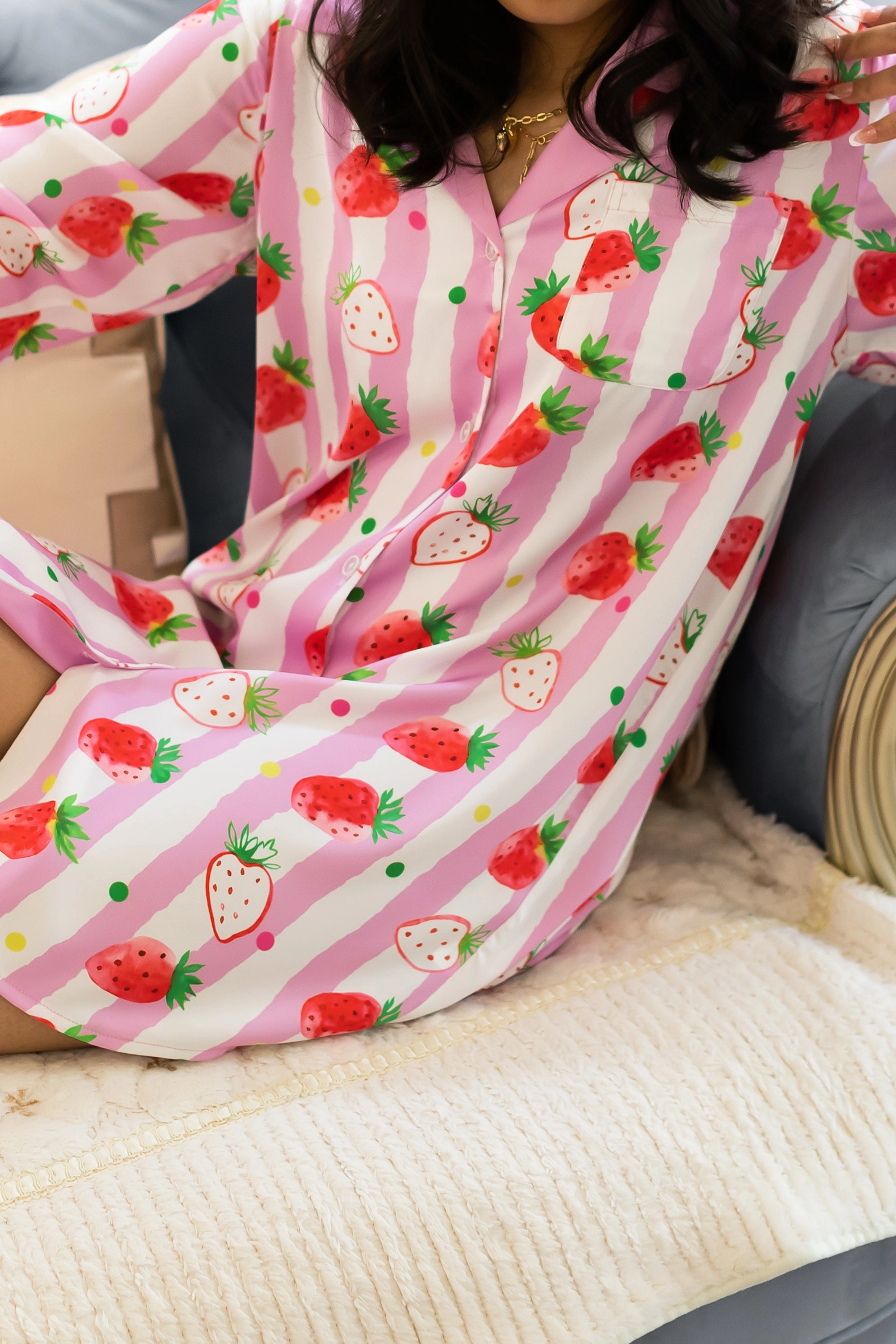 Strawberries Print Pink Stripes Sleep Shirt Silky Satin Pajamas Sleepshirt