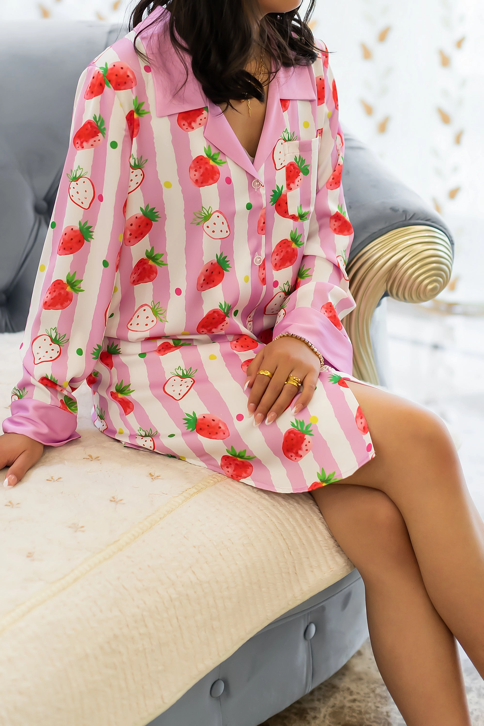 Strawberries Print Pink Stripes Sleep Shirt Silky Satin Pajamas Sleepshirt