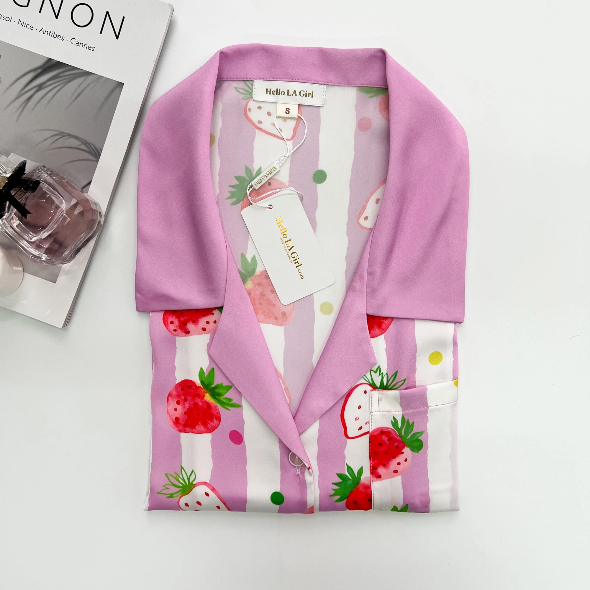 Strawberries Print Pink Stripes Sleep Shirt Silky Satin Pajamas Sleepshirt