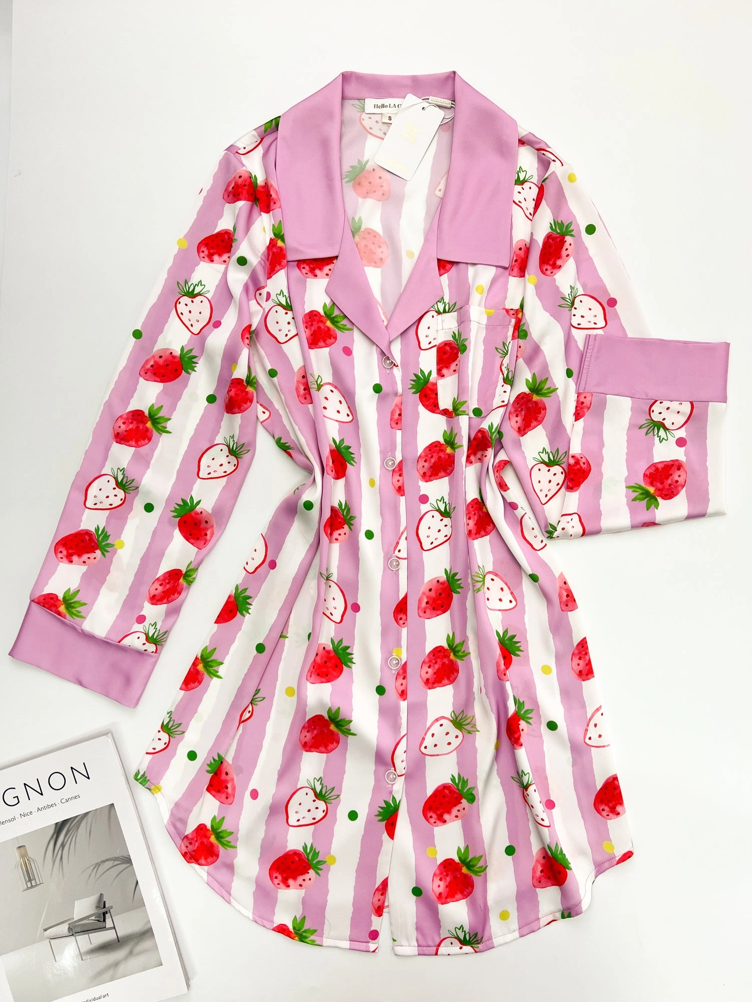 Strawberries Print Pink Stripes Sleep Shirt Silky Satin Pajamas Sleepshirt