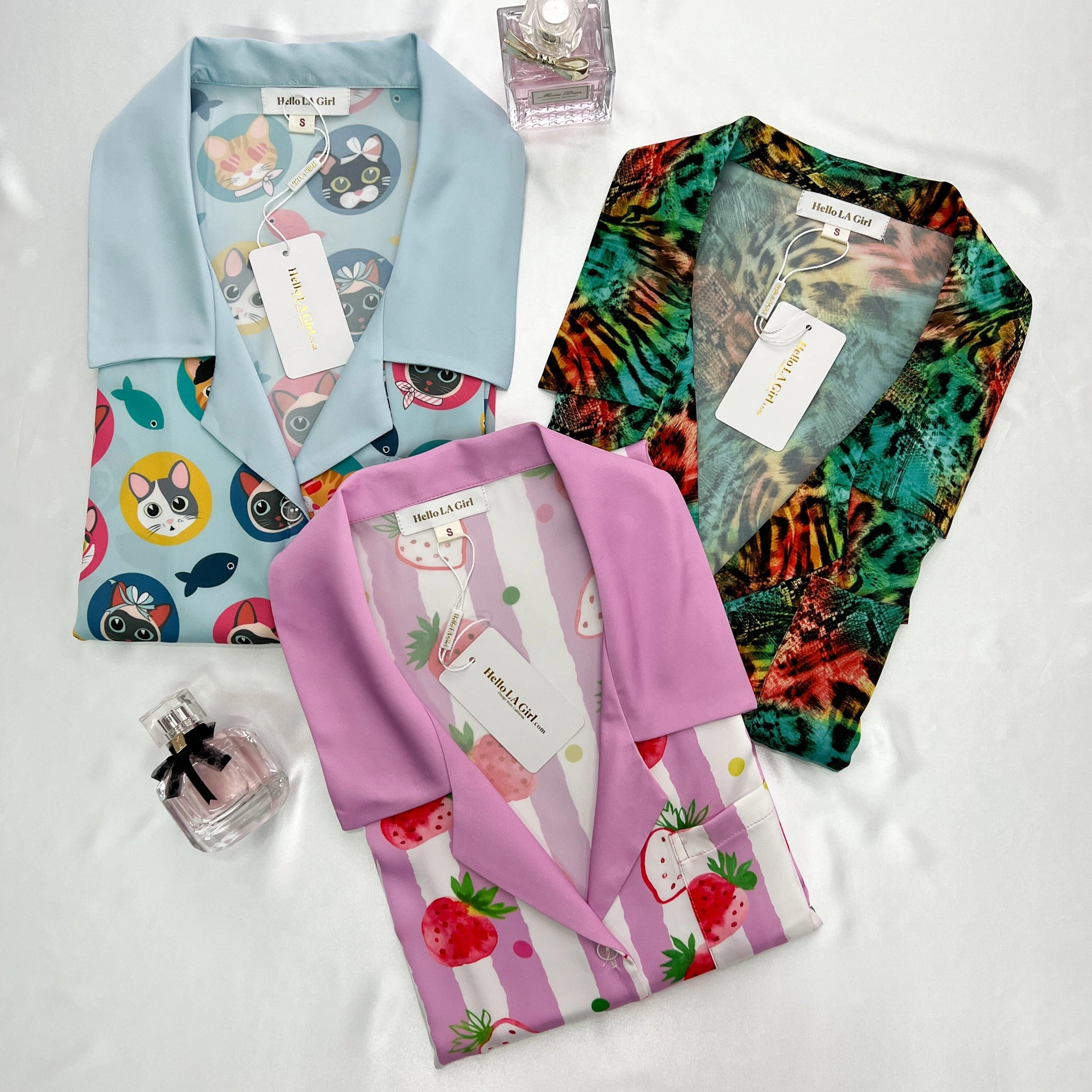 Strawberries Print Pink Stripes Sleep Shirt Silky Satin Pajamas Sleepshirt