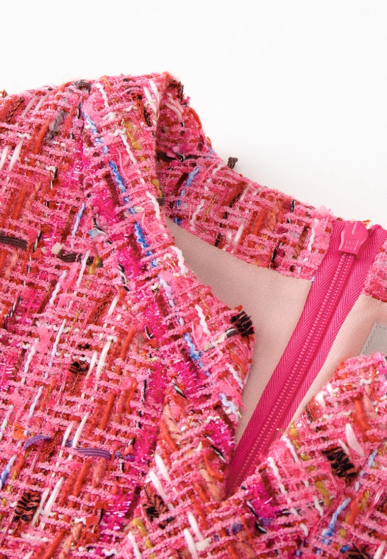 V-neck Embellished-button Mixed Tweed Dress