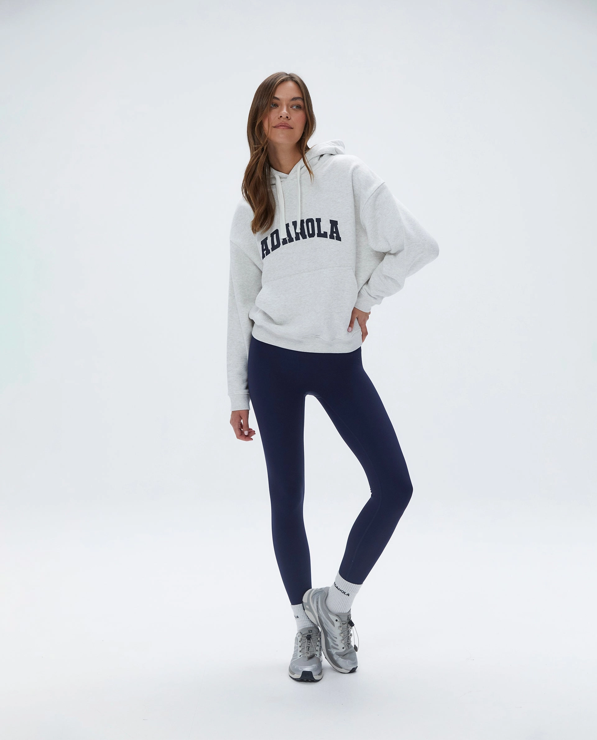 Varsity Relaxed Drawcord Hoodie - Light Grey Melange/Navy Blue