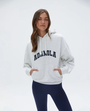 Varsity Relaxed Drawcord Hoodie - Light Grey Melange/Navy Blue